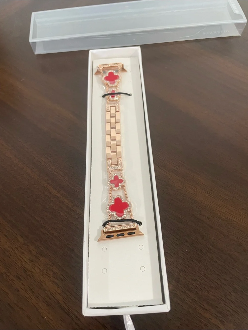 Rose Gold Metal Smartwatch Band with Red Clover Accents